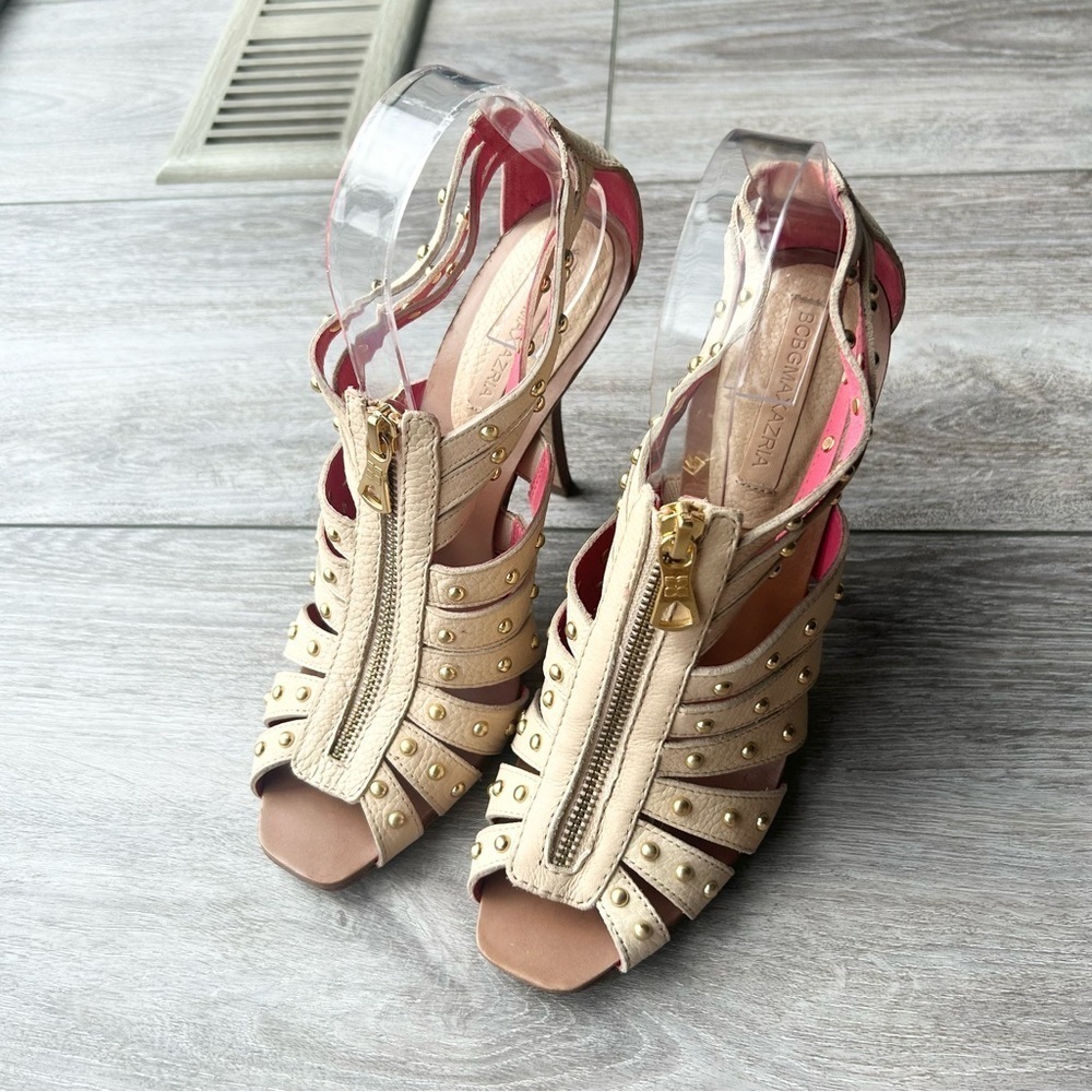 BCBGMaxAzria Ivory Leather Gladiator Studded Full Leather Open Toe  Pumps